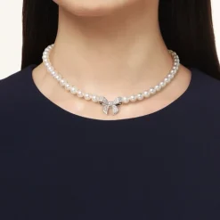 Akoya Cultured Pearl and Diamond Bow Charm Necklace in 18K White Gold