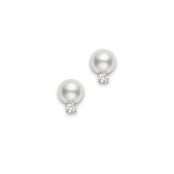 Cultured Pearl and Diamond Stud Earrings - Mikimoto