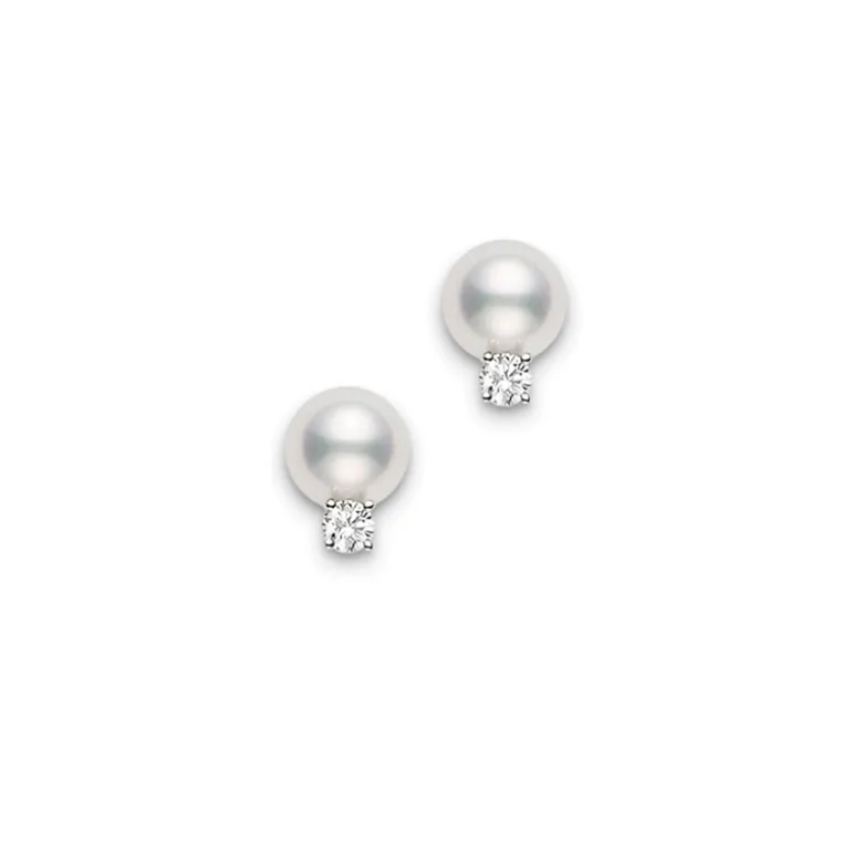 Cultured Pearl and Diamond Stud Earrings - Mikimoto
