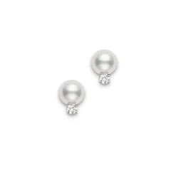 Cultured Pearl and Diamond Stud Earrings - Mikimoto