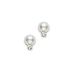 Cultured Pearl and Diamond Stud Earrings - Mikimoto