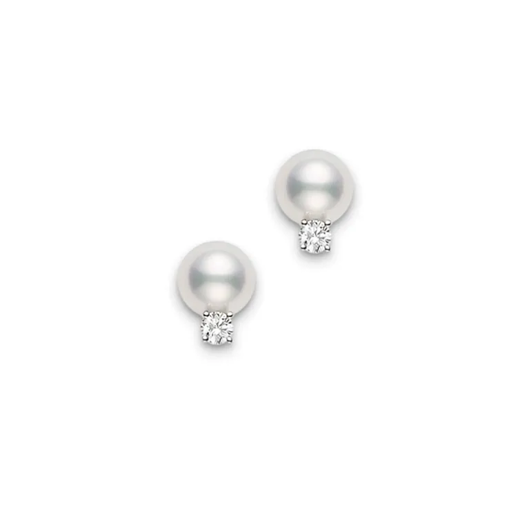 Cultured Pearl and Diamond Stud Earrings - Mikimoto