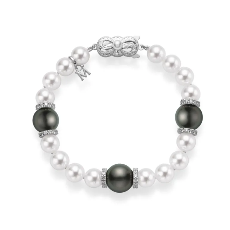Fusion Akoya and Black South Sea Cultured Pearl Bracelet with Diamond Rondelles
