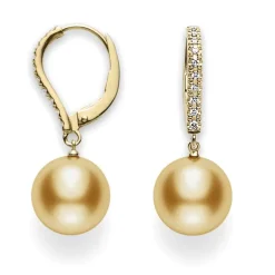 Golden South Sea Cultured Pearl Earrings with Diamonds in 18K Yellow Gold
