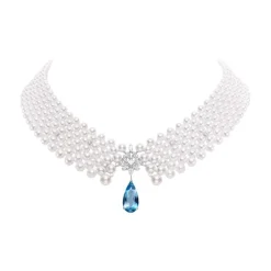 Lace Akoya Cultured Pearl Necklace with Diamonds and Aquamarine