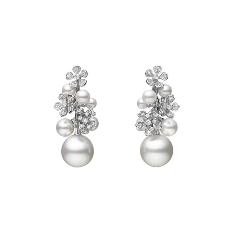 Mikimoto Bloom White South Sea Cultured Pearl and Diamond Earrings in 18K White Gold