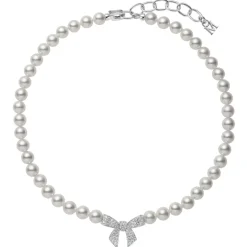 Akoya Cultured Pearl and Diamond Bow Charm Necklace in 18K White Gold
