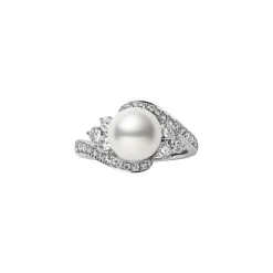 Akoya Cultured Pearl and Diamond Ring in 18K White Gold