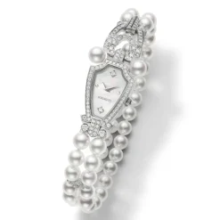 Akoya Cultured Pearl and Diamond Double Row Watch Bracelet in 18K White Gold