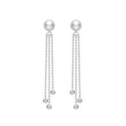Akoya Cultured Pearl and Diamond Dangle Drop Earrings in 18K White Gold