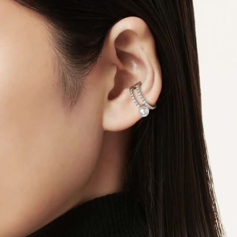 Akoya Cultured Pearl and Diamond Ear Cuff in 18K White Gold