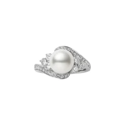 Akoya Cultured Pearl and Diamond Ring in 18K White Gold