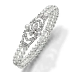 Akoya Cultured Pearl Double Strand Bracelet with Diamonds in 18K White Gold