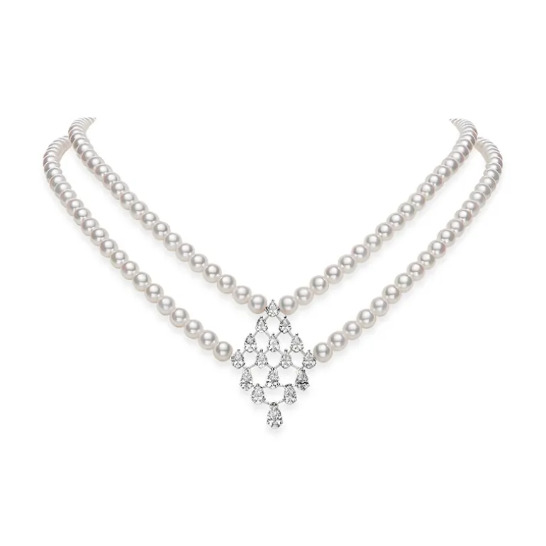 Akoya Cultured Pearl Double Row Necklace with Diamonds in 18K White Gold