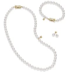 Akoya Cultured Pearl Three Piece Set in 18K Yellow Gold