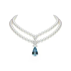 Aquamarine and Akoya Cultured Pearl Necklace with Diamonds in 18K White Gold