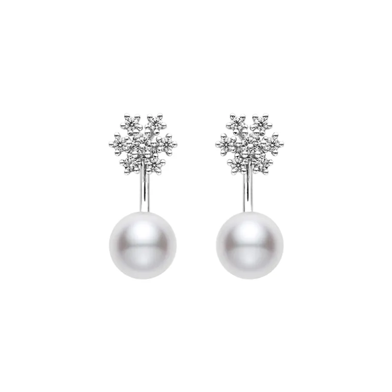 Classic Akoya Cultured Pearl and Diamond Earrings in 18K White Gold