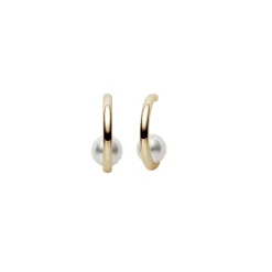 Classic Akoya Cultured Pearl Semi Hoop Earrings in Yellow Gold