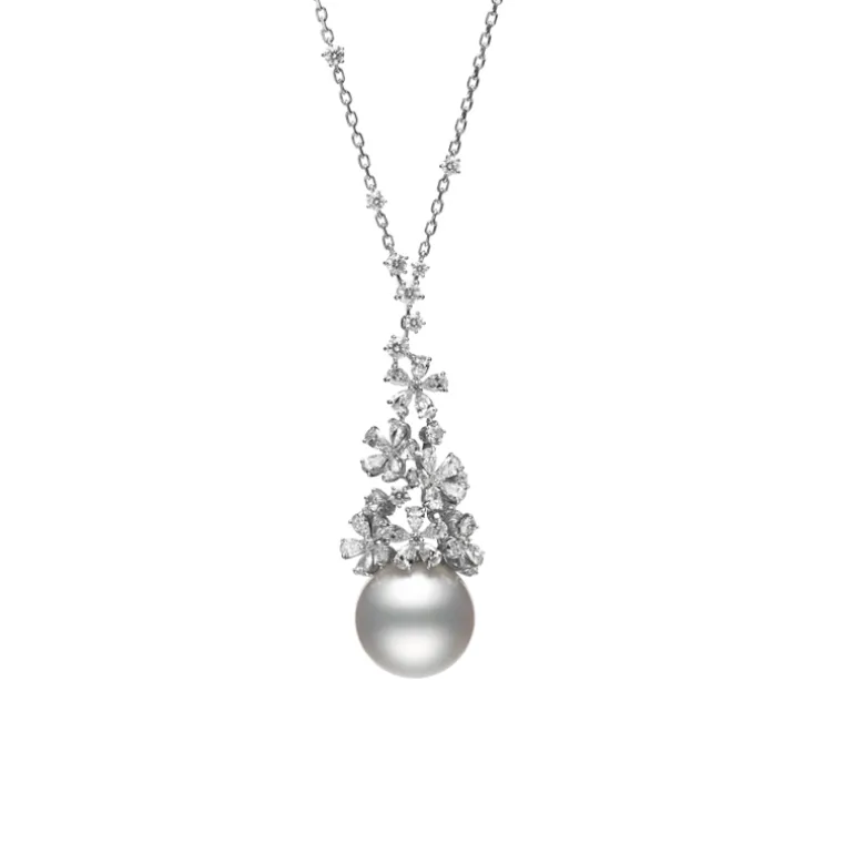 Classic White South Sea Cultured Pearl and Diamond Floral Pendant in 18K White Gold