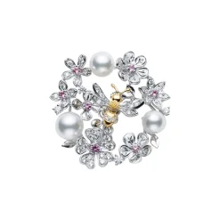 Floral Akoya Cultured Pearl, Diamond and Sapphire Brooch
