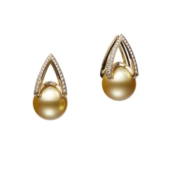 M Collection Golden South Sea Cultured Pearl Earrings with Diamonds in 18K Yellow Gold