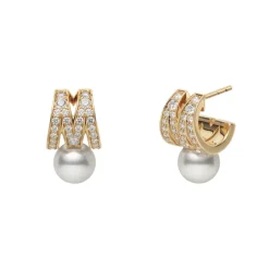 M Signature Akoya Cultured Pearl and Diamond Earrings in 18K Yellow Gold