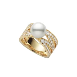 M Signature Akoya Cultured Pearl and Diamond Ring in 18K Yellow Gold