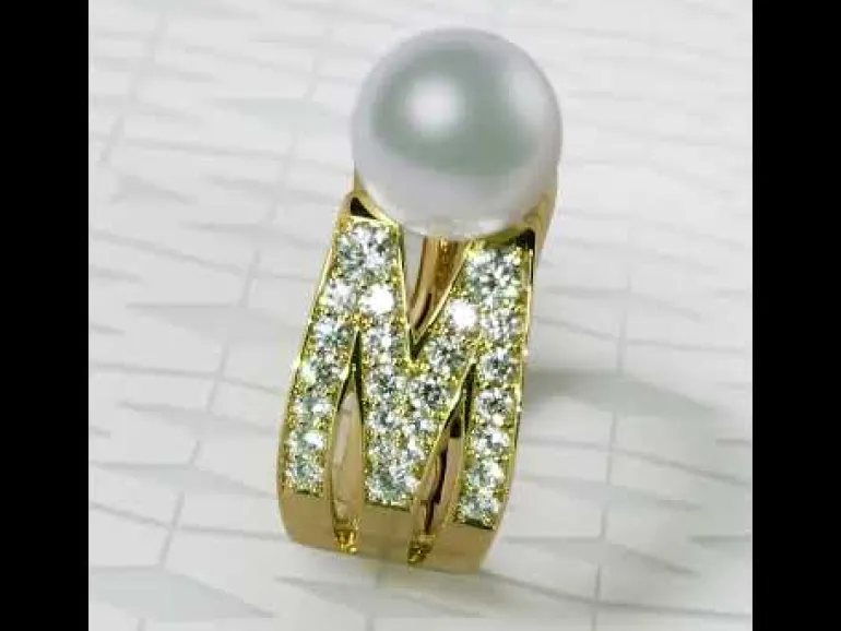 M Signature Akoya Cultured Pearl and Diamond Ring in 18K Yellow Gold