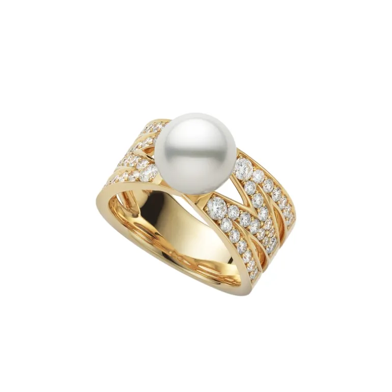M Signature Akoya Cultured Pearl and Diamond Ring in 18K Yellow Gold