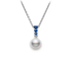 Morning Dew Akoya Cultured Pearl Pendant with Blue Sapphire – 18K White Gold
