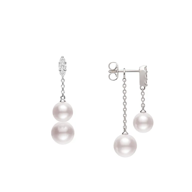 Morning Dew Akoya Cultured Pearl Earrings with Diamonds – 18K White Gold