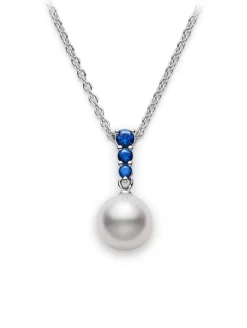Morning Dew Akoya Cultured Pearl Pendant with Blue Sapphire – 18K White Gold