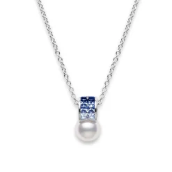 Ocean Akoya Cultured Pearl and Sapphire Pendant in 18K White Gold