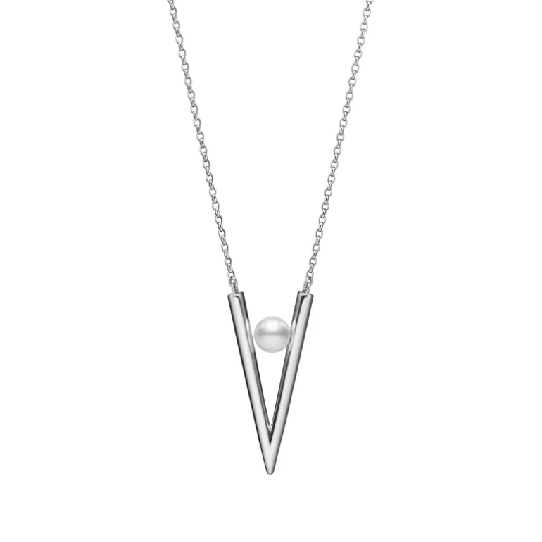 V Code Akoya Cultured Pearl Pendant in Silver