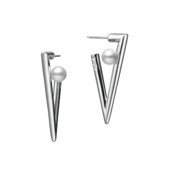 V Code Akoya Cultured Pearl Earrings in 18K White Gold and Silver