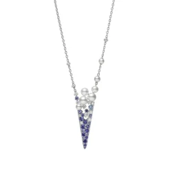 V Code Akoya Cultured Pearl, Diamond and Sapphire Pendant in 18K White Gold