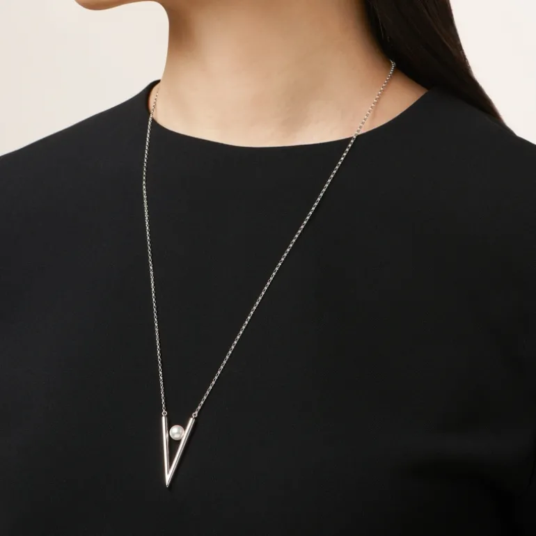V Code Akoya Cultured Pearl Pendant in Silver